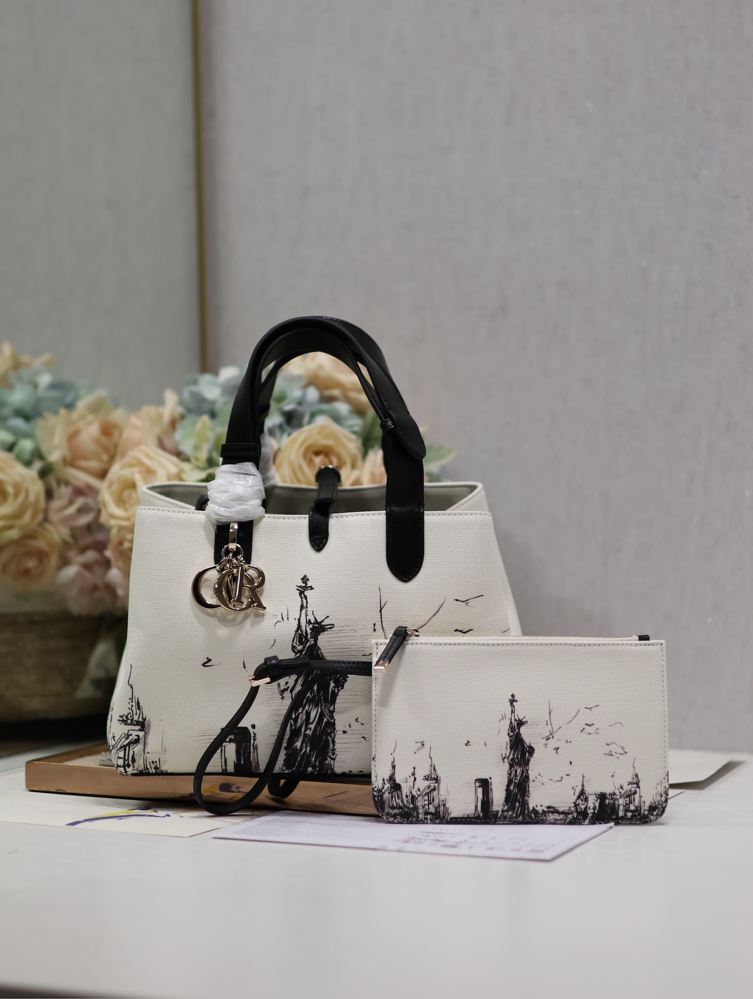 Medium Dior Toujours Bag Latte and Black Canvas with New York Print